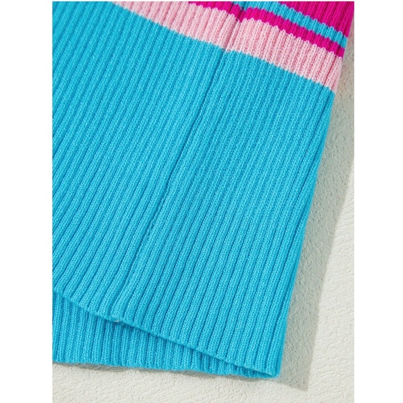 Knit Striped Pink Blue Orange Short Sleeve Crew Neck Tee Shirt Top - Picture 8 of 12